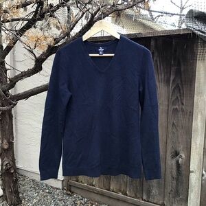 Lands’ End 100% Cashmere V Neck Sweater Navy Womens Small Tall 6 8 Classic Fit